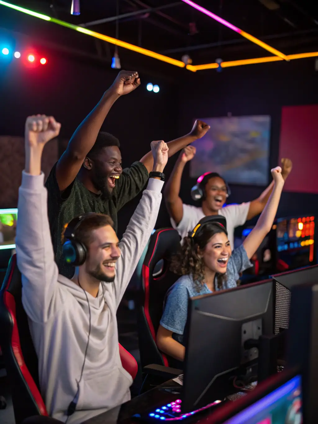 A photo of a group of diverse gamers laughing and high-fiving after a successful local tournament organized by ESPORT DES SACRES, showcasing the camaraderie and positive atmosphere.