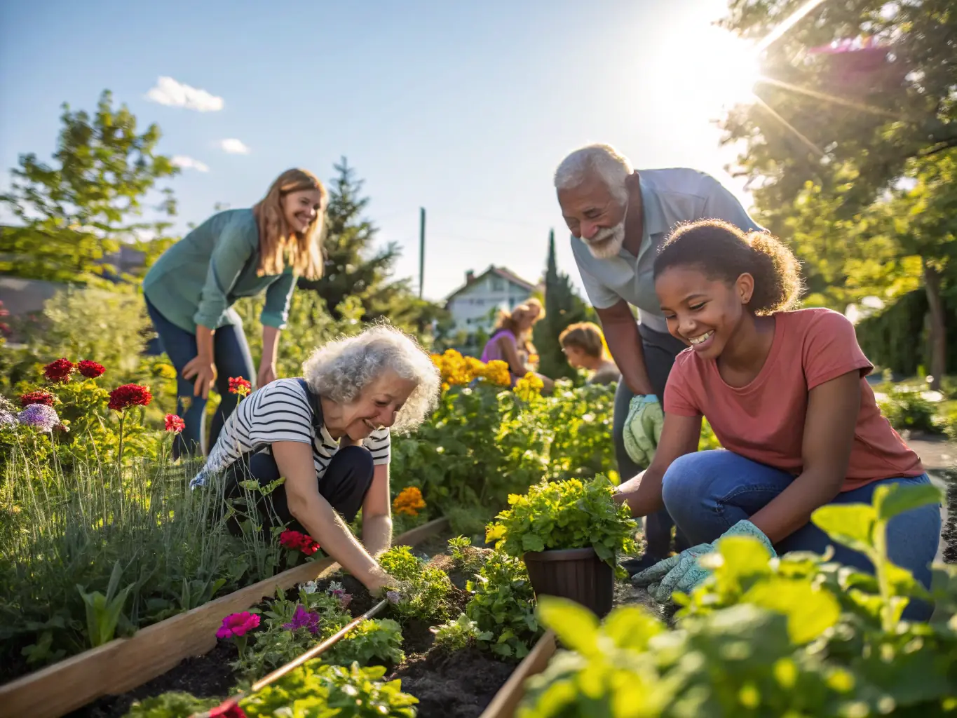 A group of children and adults participating in a community gardening project, planting vegetables and flowers in raised beds, representing the association's focus on educational and sustainable activities.