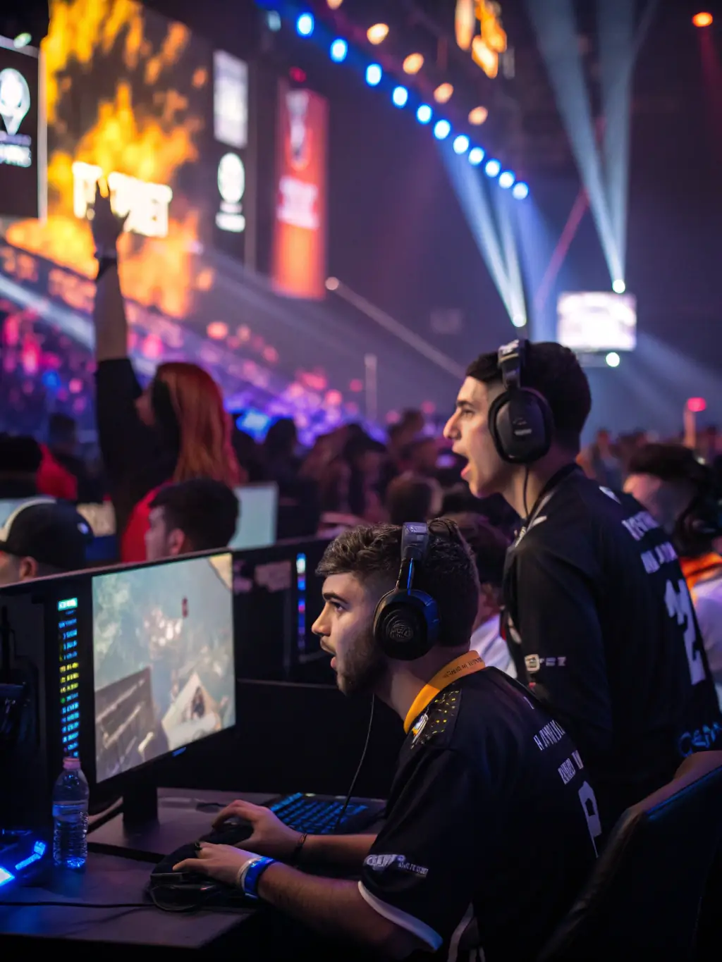 A vibrant image capturing the excitement of a local Super Smash Bros. tournament organized by ESPORT DES SACRES, showcasing players of all ages intensely focused on their matches, with spectators cheering in the background.