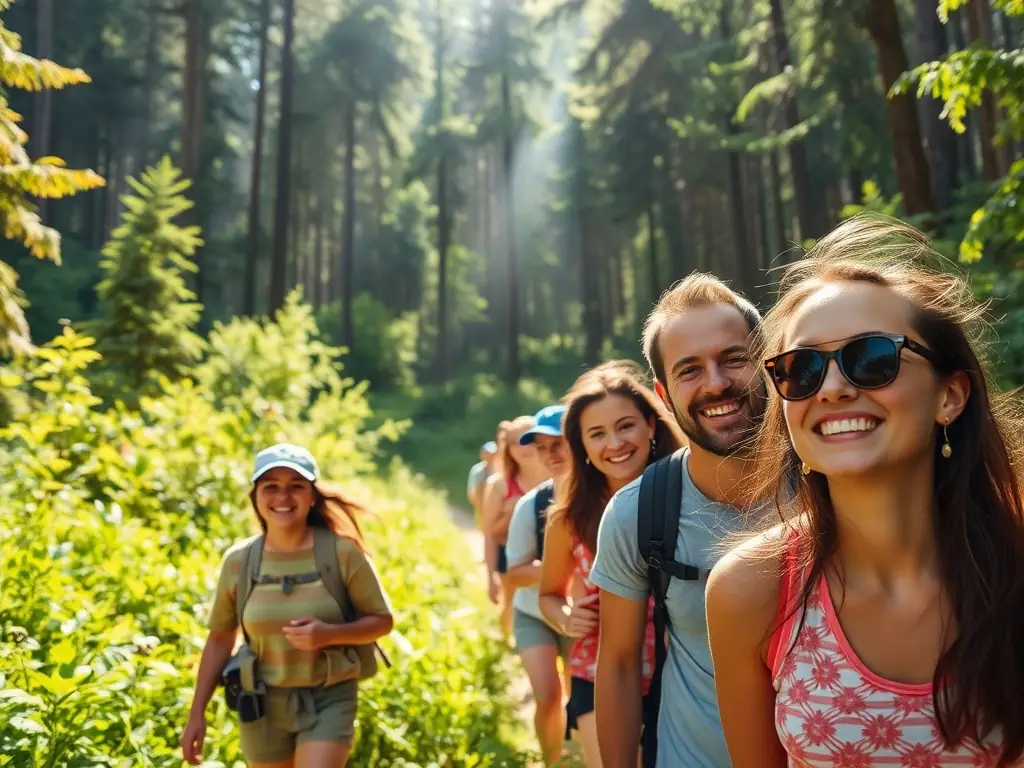 A group of diverse individuals participating in a guided nature walk through a scenic Alsatian forest, symbolizing the association's commitment to outdoor recreational activities and community engagement.