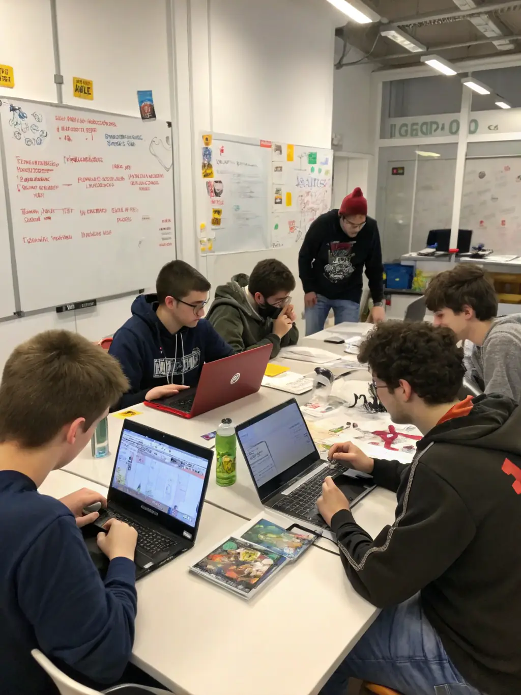 A photo of ESPORT DES SACRES members participating in a gaming workshop, with experienced players mentoring newcomers and sharing their knowledge of various games and esports strategies.