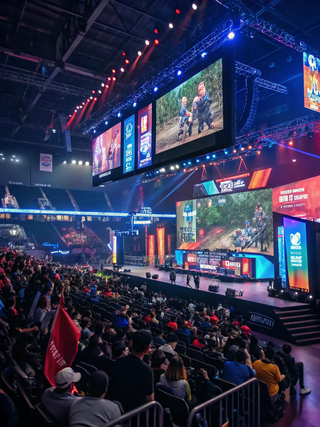 A photo capturing the excitement of a local esports tournament, with a diverse crowd of spectators cheering on the players.
