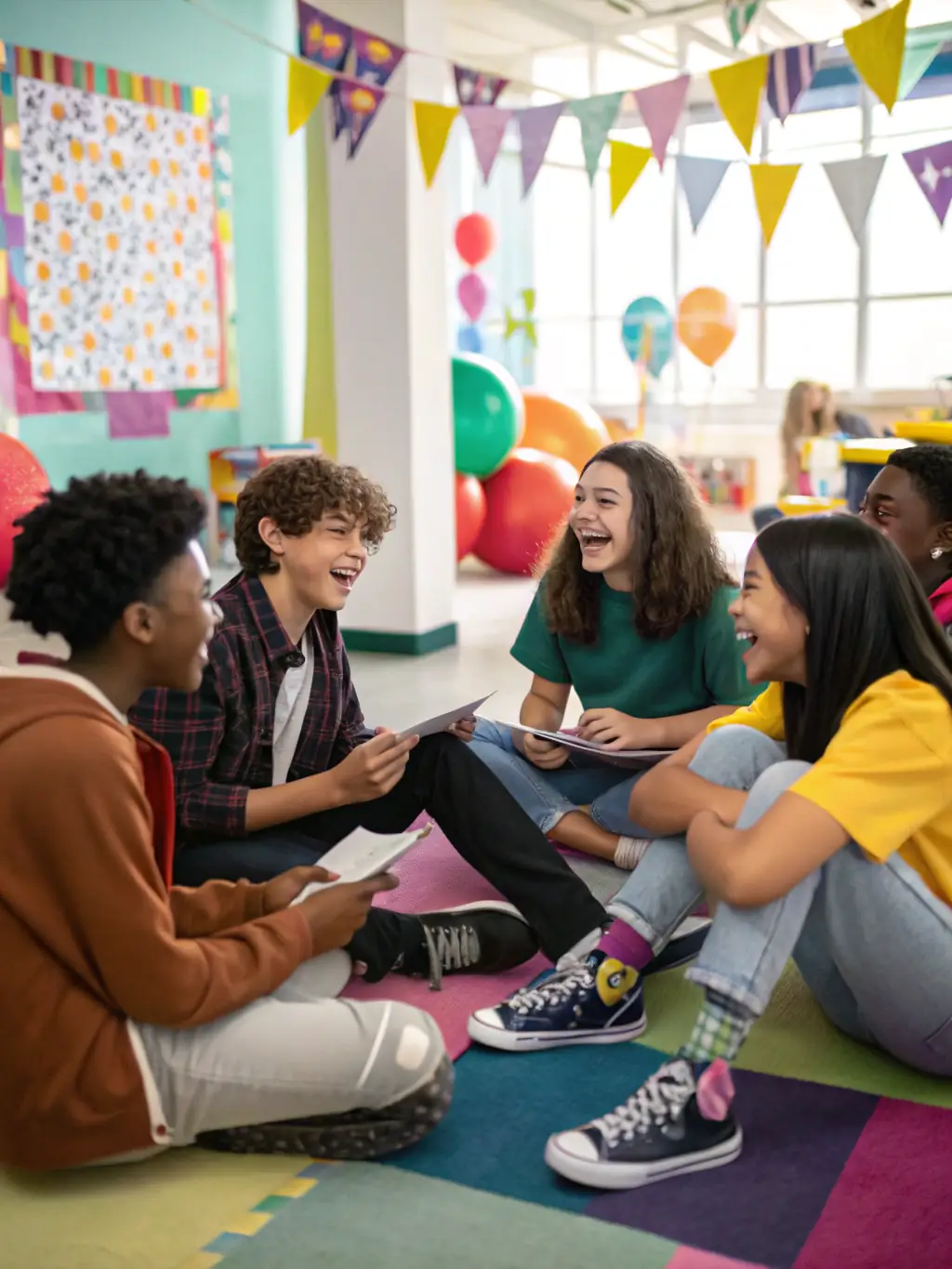 A diverse group of teenagers engaged in a leadership training session, discussing community issues and developing problem-solving skills, representing CFASE's social education programs.