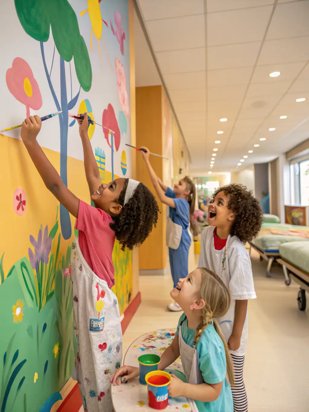 A group of diverse children participating in an art workshop, painting vibrant murals on a community wall, showcasing CFASE's commitment to cultural and artistic activities.