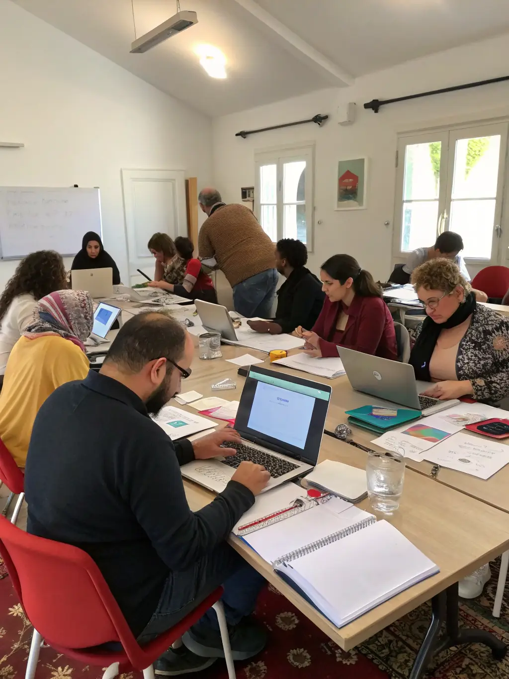 A photograph of a group of adults participating in a social education workshop, focused on skill development and personal growth, reflecting CFASE's commitment to social education and training.