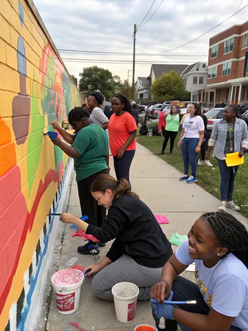 A vibrant image depicting participants of all ages engaged in a community art project, painting a mural together, showcasing CFASE's cultural and artistic activities.