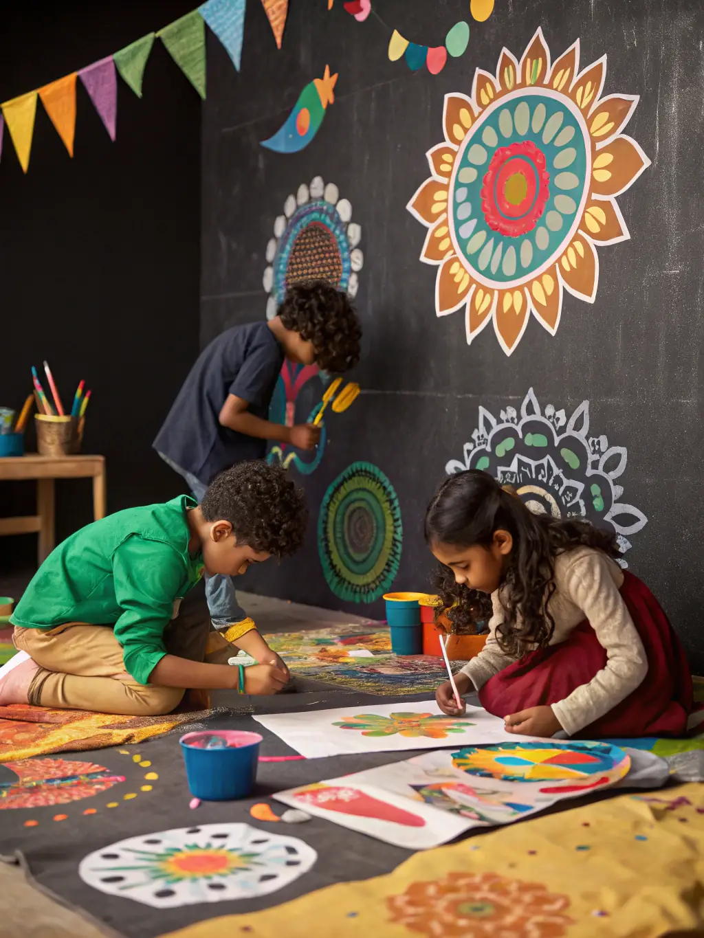 A group of children participating in an art workshop, painting colorful murals on a large canvas, showcasing CFASE's cultural and artistic activities.
