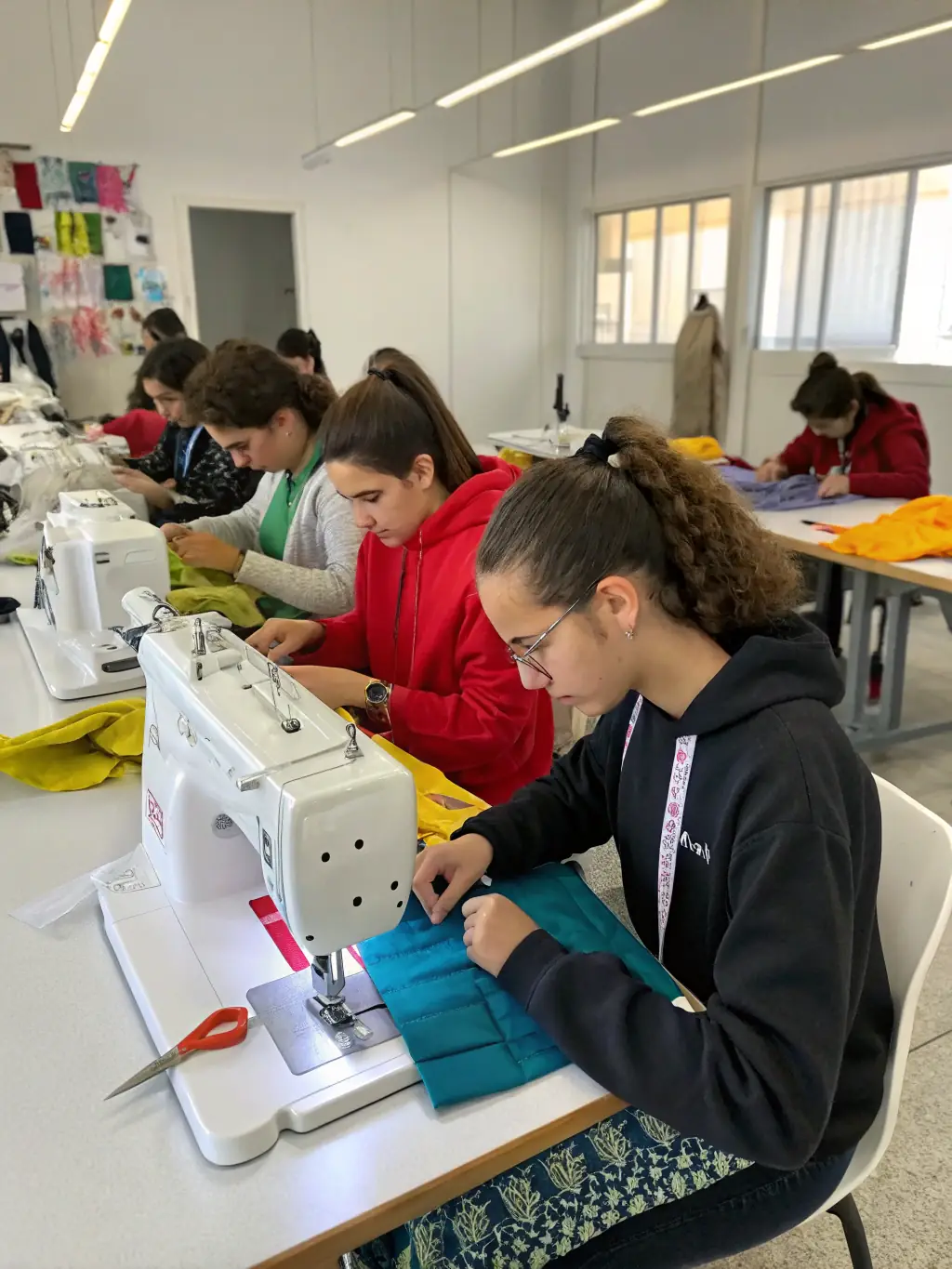 A classroom setting where adults are learning new vocational skills, such as sewing or carpentry, demonstrating CFASE's commitment to providing practical training.