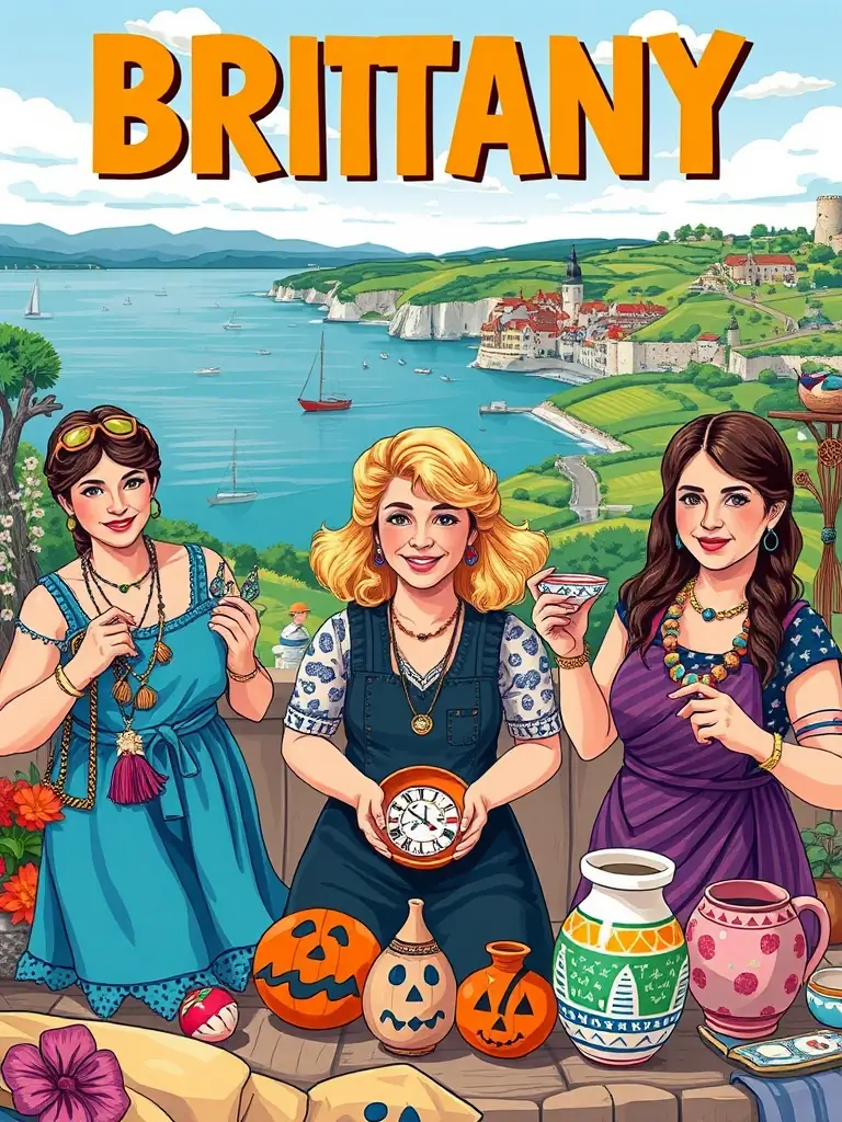 A visually appealing promotional campaign poster designed by Design Métiers d'Art, featuring local artisans and their unique creations, set against the backdrop of Brittany's scenic landscapes.