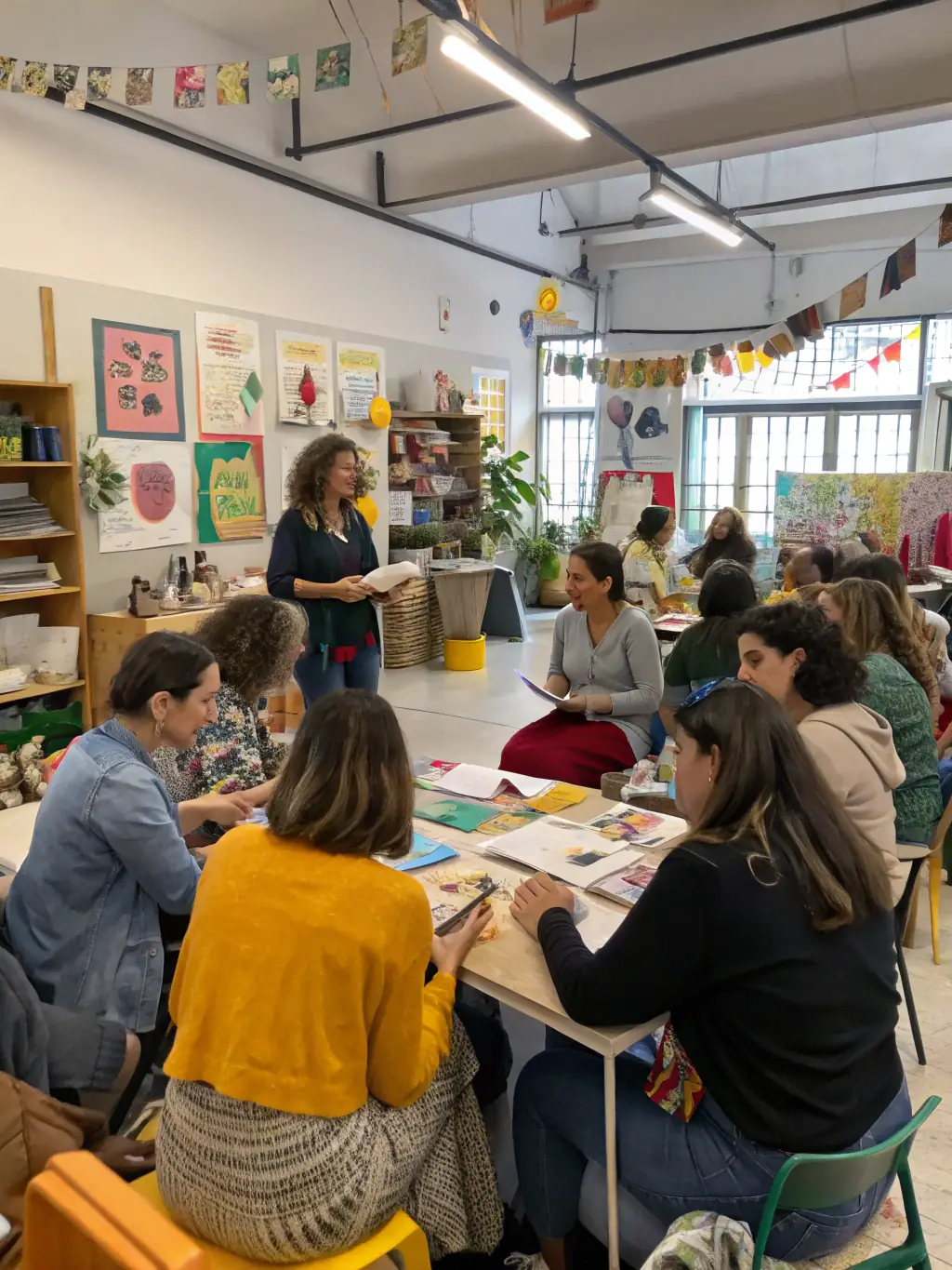 A photograph of a design workshop in Brittany, showcasing participants actively engaged in learning new skills and techniques under the guidance of experienced artisans.