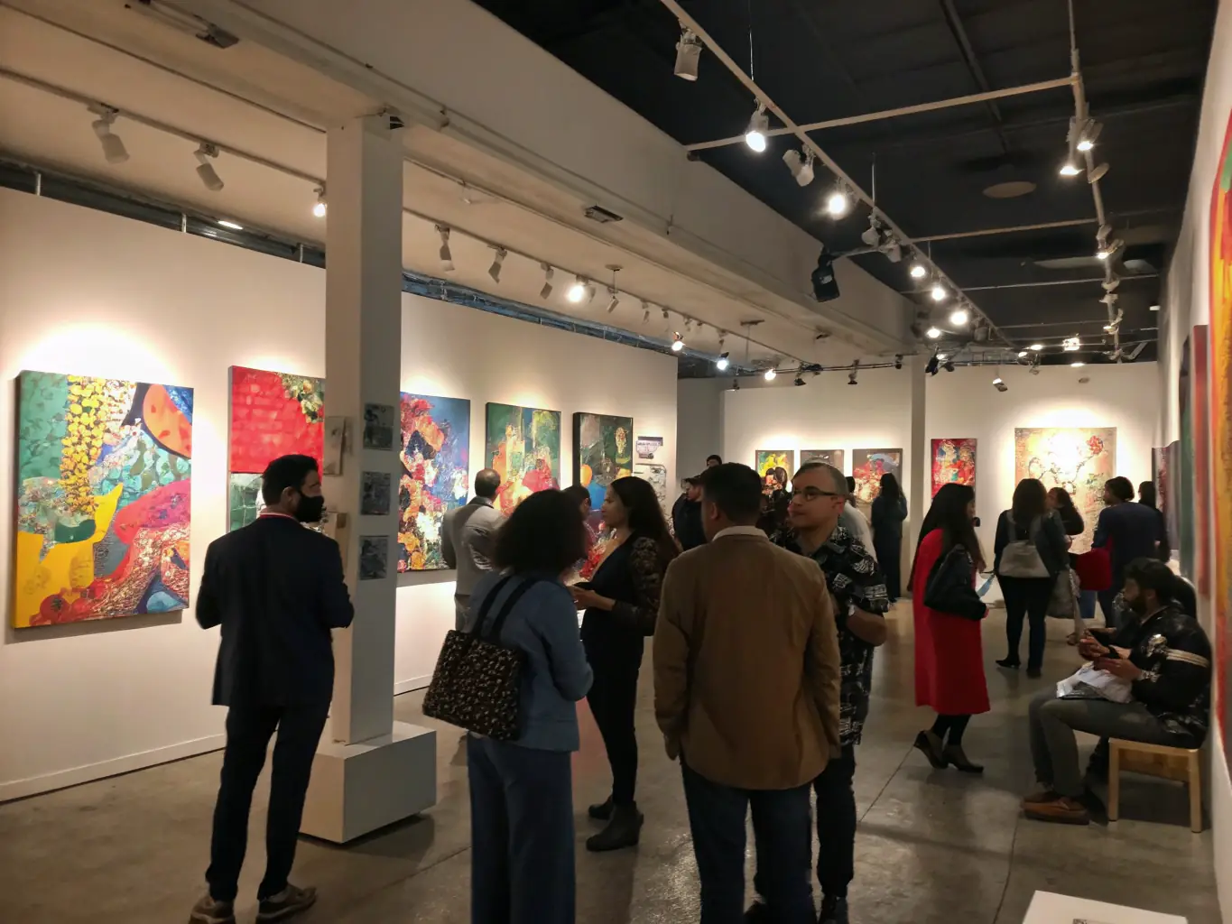 A vibrant photo of an art exhibition with visitors engaging with the displays, representing DMA's role in cultural promotion and events.