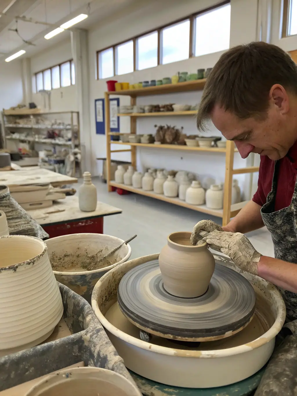A photograph of a DMA-organized workshop where participants are learning pottery techniques, showcasing hands-on engagement and skill development.